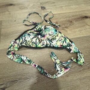 Lucky Brand Tropical Palm Leaf High Neck Halter Bikini Top Whipstitch Small